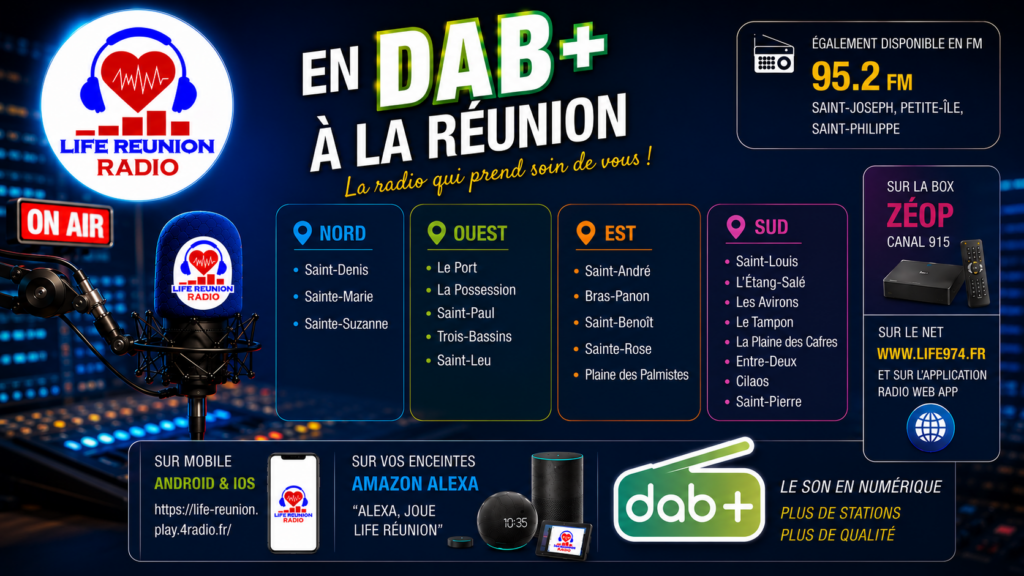 écoutez Life Réunion Radio en DAB+ dans le sud et l'est de la Réunion